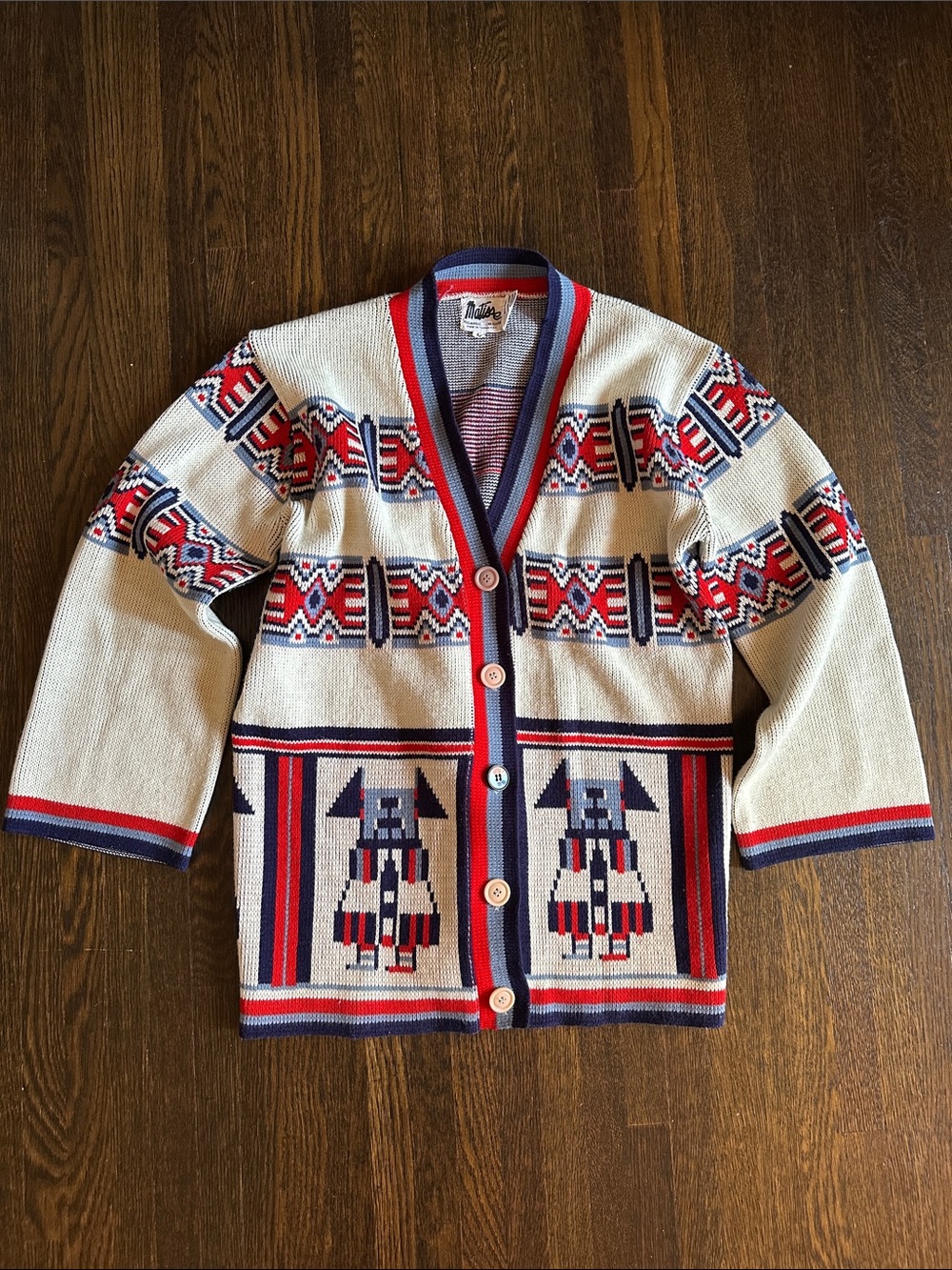 Vintage Matisse Striped Knit Button Down with white, Red & Navy Cardigan size L